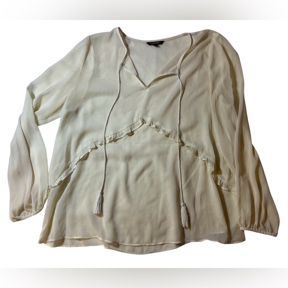George Cream Ruffled Blouse Coverup with Long Sleeves